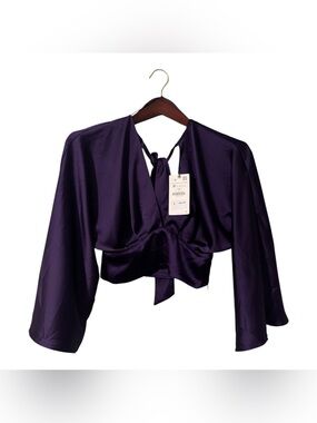 NWT Zara Deep Purple Satin Cropped Top Bell Sleeve Open Back Tie Size Medium $46